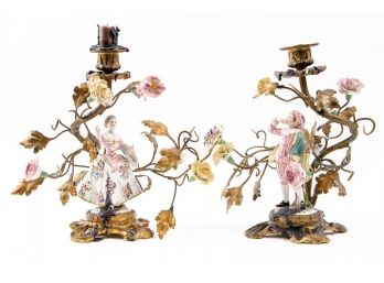 Vintage Pair Of Gold Gilt Italian Tole Florentine Figural Candelabra Lamps