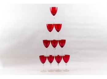 10 Ruby And Clear Stem Glasses