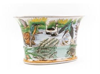 Stunning Oval Porcelain Jardiniere With Aquatic & Game Motif