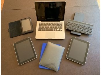 Older Apple IPads, Mac Book, Verizon Reader And Portable Keyboard