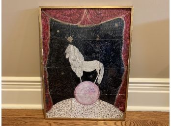 Antique French Painted Tile Mosaic Of Unicorn