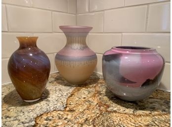 Three Glass Vases, Two Signed