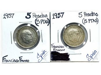 1957 Spain Five (5) Pesetas  (Two (2) Coins In Total)