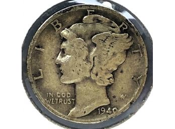 1940 Silver Mercury Dime (90 Percent Silver - No Mint Mark - Philadelphia Mint)