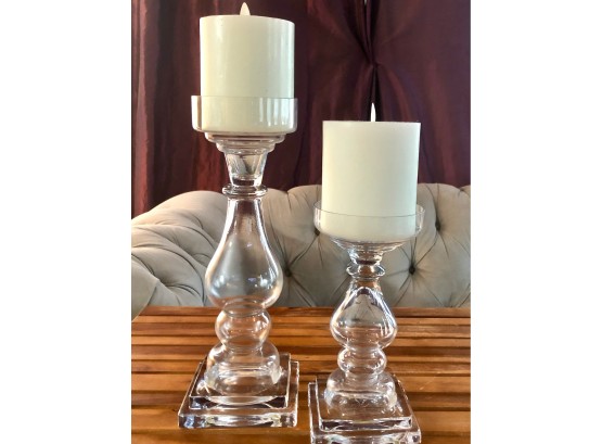 POTTERY BARN Clear Glass Square Base Pillar Candleholder (RETAIL $128.00)