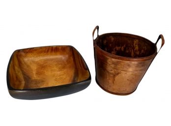 Wooden Bowl & Metal Basket / Flower Pot