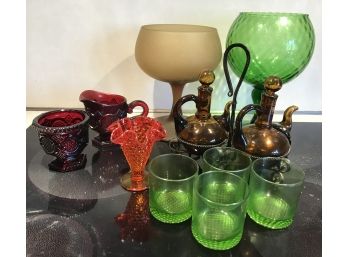 Colored Glass-sugar And Creamer, Oil And Vinegar And More