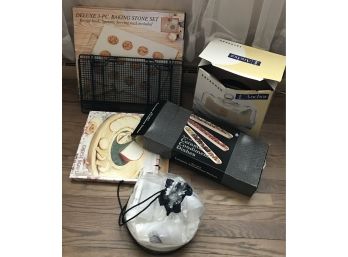 Baking Stone, Two Cooling Racks, Ceramic Condiment Dishes, Plastic Cups And Bowls And Glass Cake Dish