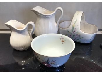 Two California Pottery Pitchers , Decorative Avon Bowl And Porcelain Basket For Flowers