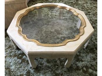 Glass, Brass And Wood Octagonal Coffee Table