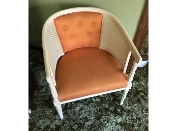 Armchair In Orange Upholstering, Caned Arms, In Cream Paint