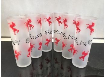 Six Vintage Frosted Glasses With Horses And Stars