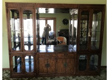 Thomasville “ Mystique” Asian Chinoiserie  Curio Cabinet, Three Section Wall Unit With Mirror