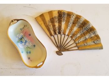 Vintage Bavarian Ceramic Vanity Tray And Brass Fan - WESTPORT PICKUP