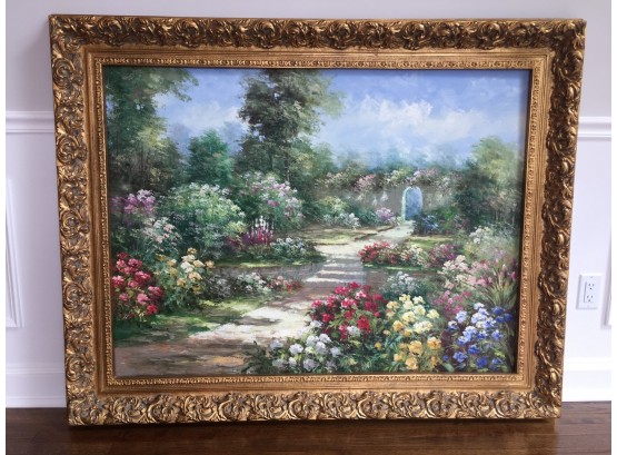 Oil On Canvas Of A Beautiful Country Garden Scene With Bright Hued Flowers