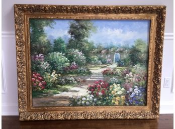 Oil On Canvas Of A Beautiful Country Garden Scene With Bright Hued Flowers