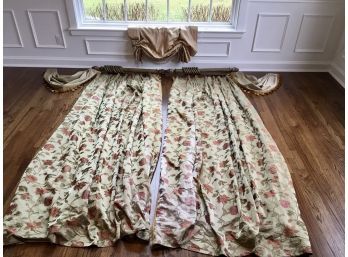 Relaxed Roman Shade And Pair Of  Highland Court Silk Panels With Velvet Swags