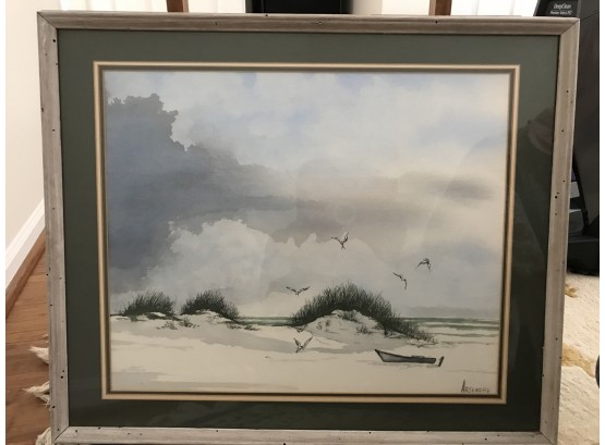 Beautiful Watercolor Painting Of The Beach And Seagulls