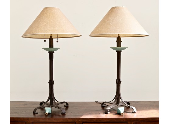 Pair Of Two Turquoise Blue Ceramic Metal Lamps With Velum Shades