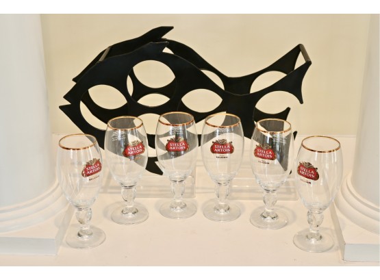 Set Of Six Stella Artois Beer Glasses + Metal Fish Design Wine Bottle Holder
