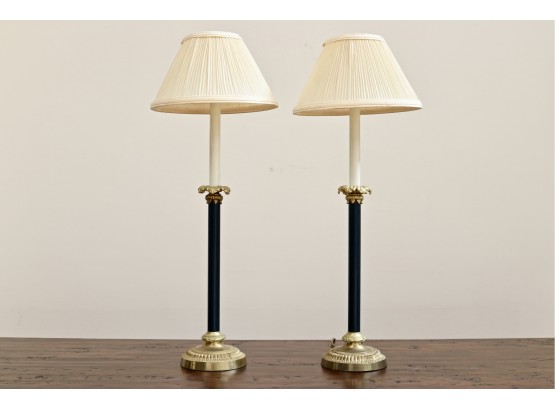 Pair Of Navy Blue And Brass Candlestick Lamps