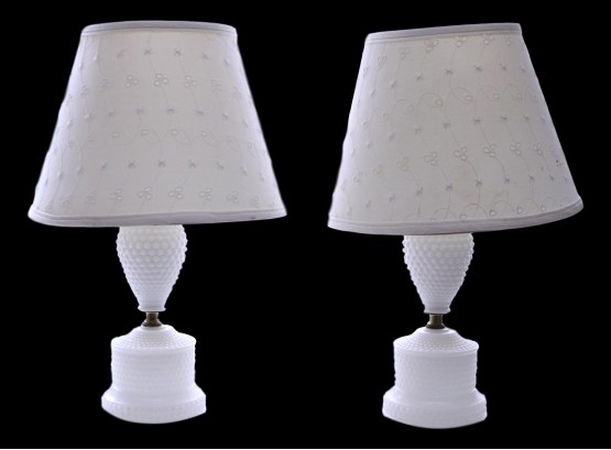 Two Vintage Hobnail Milk Glass Lamps With Eyelet Shades