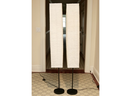 Pair Of Column Floor Lamps With Crinkle Rice Paper Shades