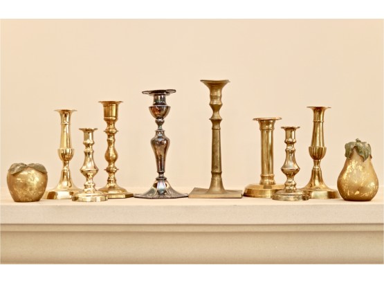 Set Of Brass Candlesticks And Fruit Candles