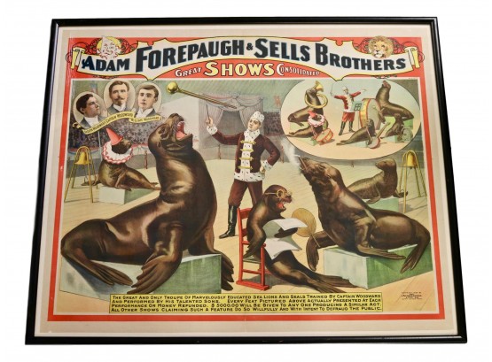 Turn Of The Century Forepaugh & Sells Brothers ' Marvelously Educated Sea Lions And Seals Trained By Captain Woodward' Circus Poster