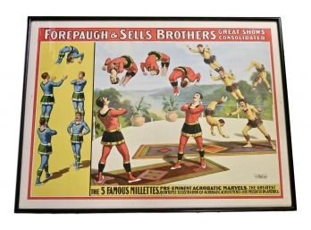 Turn Of The Century Forepaugh & Sells Brothers 'The Five Famous Millettes' Circus Poster