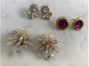 Three Pairs Of Costume Earrings, Two Pierced One Clip
