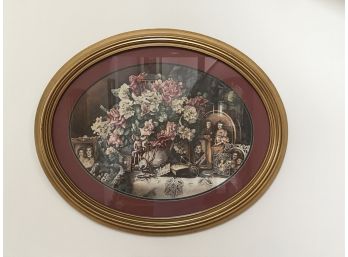 Oval Floral Print In Gilt Frame, Burgundy Mat.