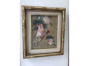 Bird Painting With Chop Mark On Lower Left In A Bamboo Style Gilt Frame
