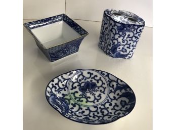 Three Pieces Of Blue And White Items