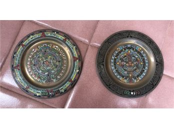 Two Brass Colored Plates With Paint Enameling 'MEXICO'