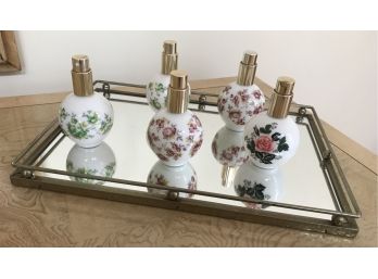 Mirrored Tray With Five Glass Perfume Bottles