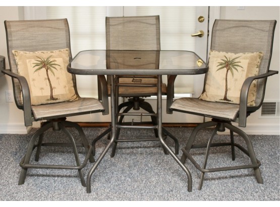 Outdoor Bistro Set With Four Swivel Chairs, Wire Basket And Palm Tree Pillows