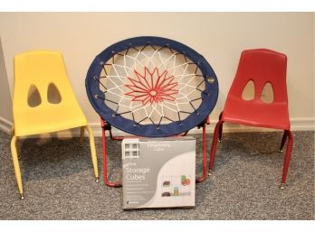 Red And Yellow Children's Chairs, Bunjo Chair And Whitmor Interlocking Cubes