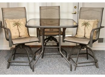 Outdoor Bistro Set With Four Swivel Chairs, Wire Basket And Palm Tree Pillows
