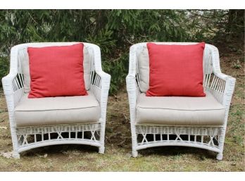 Set Of Two White Resin Wicker Indoor/Outdoor Armchairs With Cushions