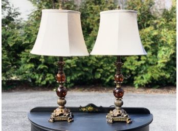 Pair Of Tortoise Shell Glass & Metal Lamps
