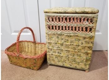 Colorful Decoupage On Wicker Hamper And Basket