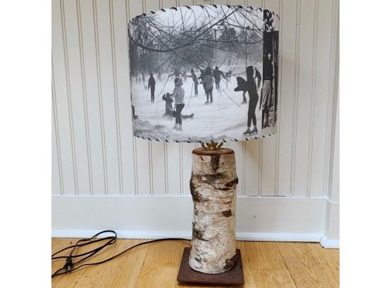 Birch Based Lamp With Photographic Vintage Ski Scene Shade