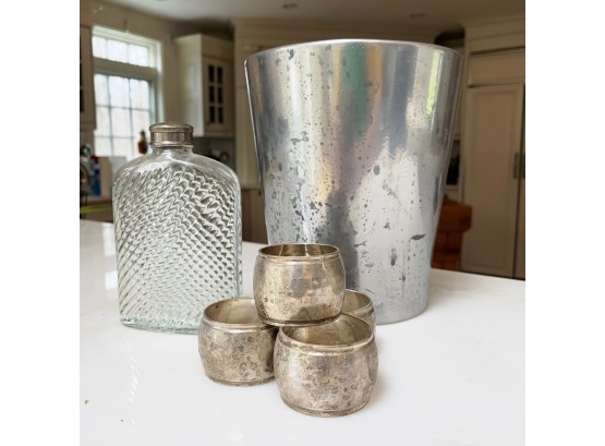 Vintage Glass Flask, Napkin Rings & Metallic Ceramic Vase