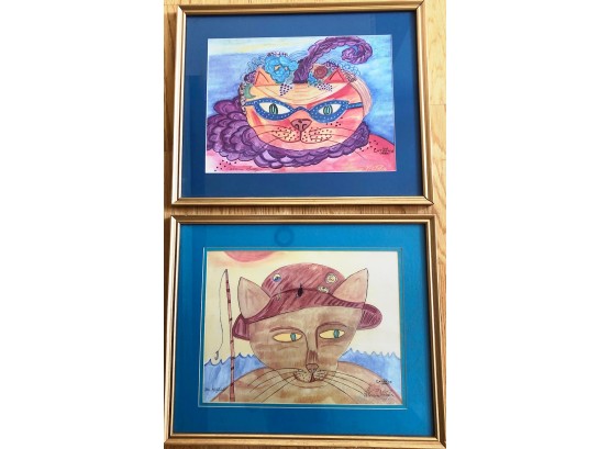 Pair Of Original Artworks. 'Catoons' By Patricia Victoria, Signed