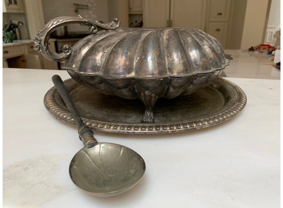 Silverplate Clamshell Dish, Tray, & Serving Spoon