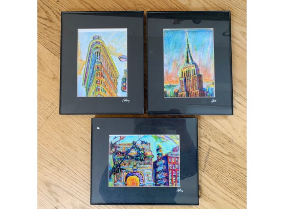 Trio Of Brightly Colored NYC Drawings, Artist Signed