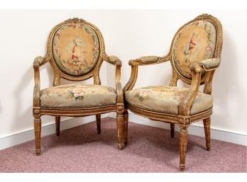 Pair Of Antique French Upholstered Arm Chairs - Retail Price $6000