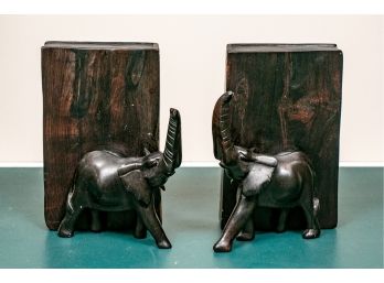 Heavy Carved Wood Elephant Book Ends