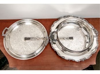 Three Silver Plate Trays & One Silver Plate Caddy